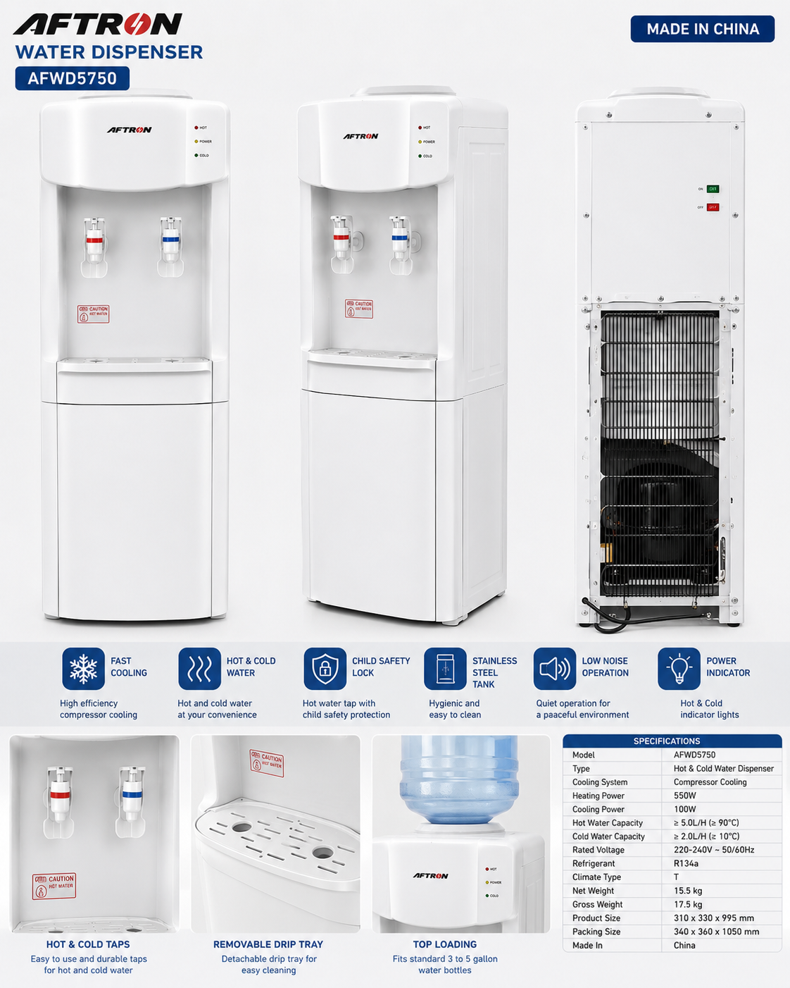 AFTRON AFWD5750 Floor Standing Hot & Cold Water Dispenser – Fast Cooling Compressor, Low Noise Design, White