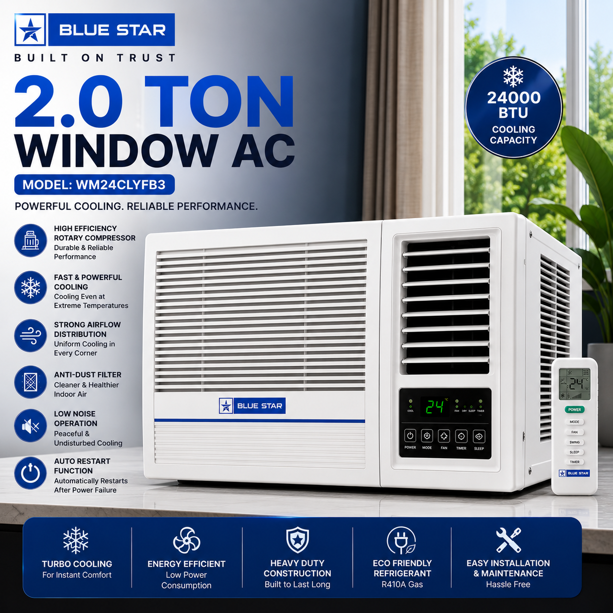 Blue Star Window AC 2.0 Ton Rotary WM24CLYFB3 – Powerful Cooling & Energy Efficient Air Conditioner