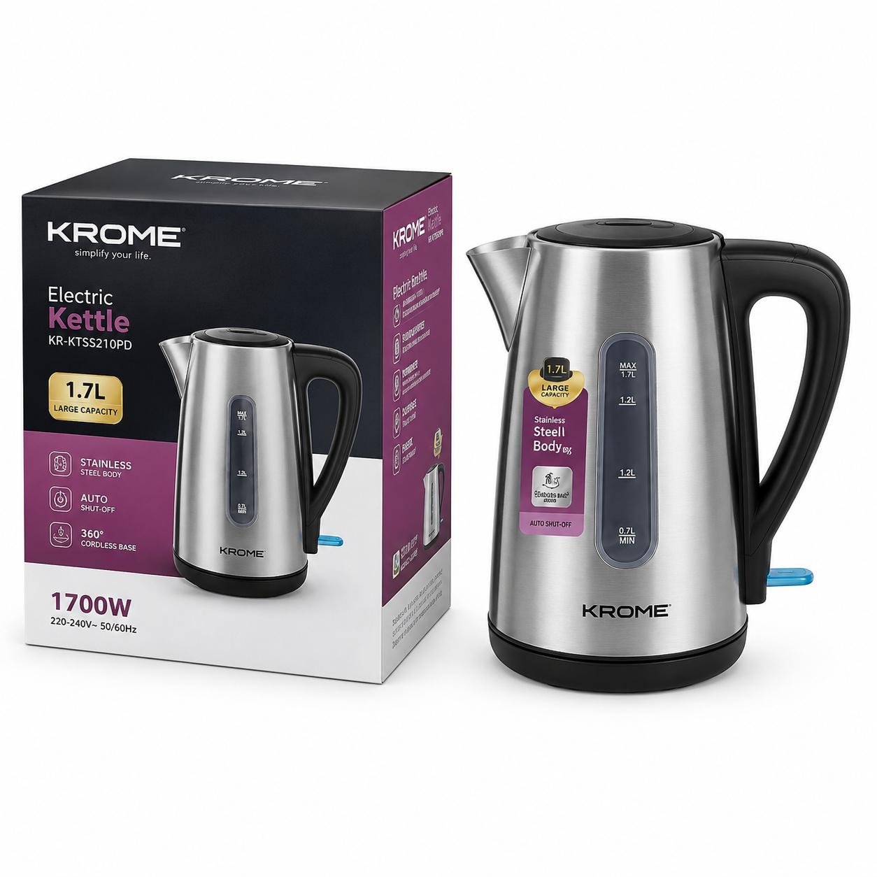 Krome KR-KTSS210PD 1.7L Stainless Steel Electric Kettle | Auto Shut-Off | Cordless 360° Base | Fast Boil | Silver