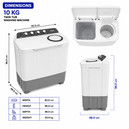 AFTRON Twin Tub Washing Machine 10KG AFW10500X – Semi Automatic | Twin Tub Design | Air Dry Function | Heavy Duty Motor | White