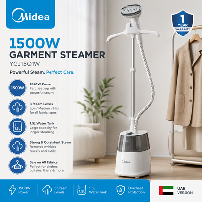 Midea 1500W Garment Steamer YGJ15Q1W | 1.5L Water Tank | 3 Steam Levels | UAE