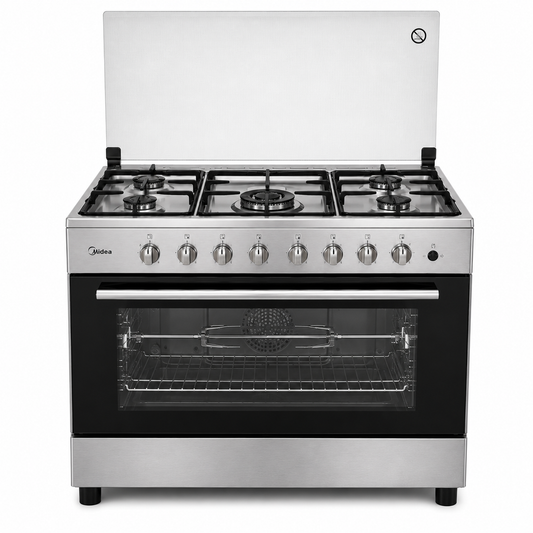 Midea 90×60cm Stainless Steel Gas Cooker CME9060C | 5 Burners | 115L Oven | Rotisserie | UAE
