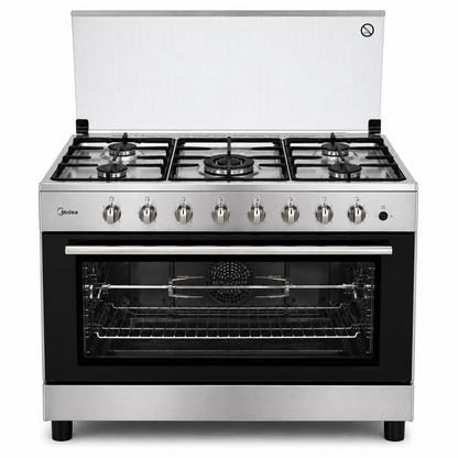 Midea 90×60cm Stainless Steel Gas Cooker CME9060C | 5 Burners | 115L Oven | Rotisserie | UAE