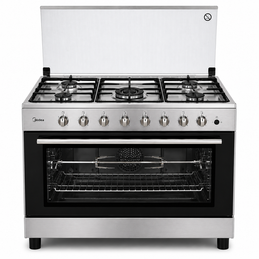 Midea 90×60cm Stainless Steel Gas Cooker CME9060C | 5 Burners | 115L Oven | Rotisserie | UAE