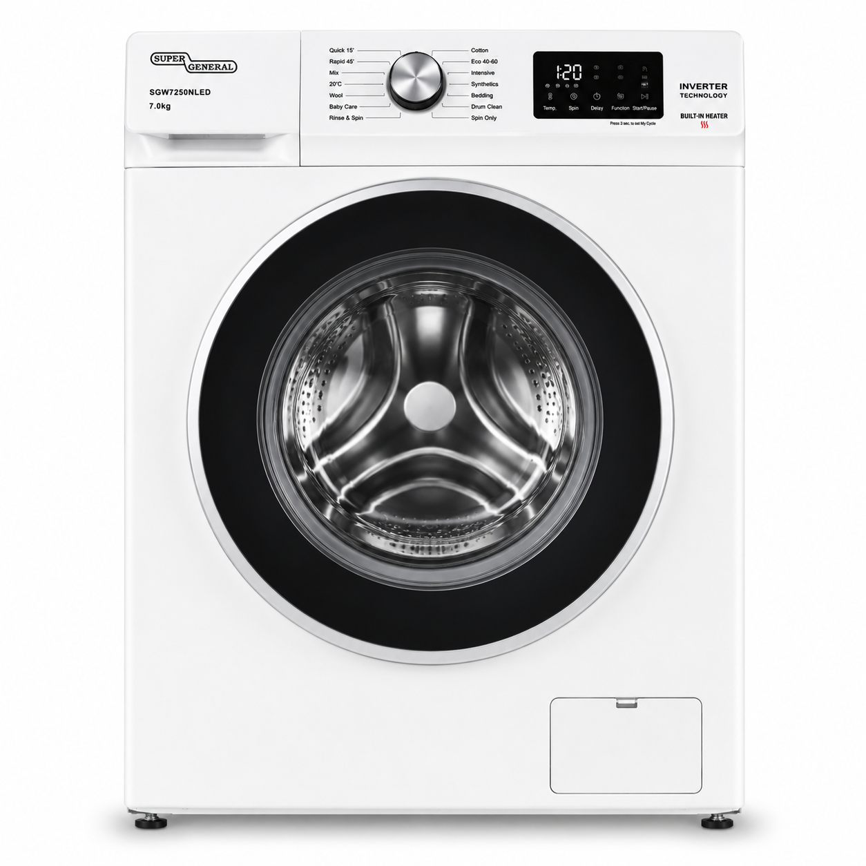 Super General SGW7250NLED Front Load Washing Machine 7KG White – Fully Automatic Washer with Built-in Heater