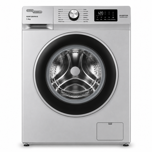 Super General SGW7260INVS Front Load Washing Machine 7KG Silver – Fully Automatic Inverter Washer