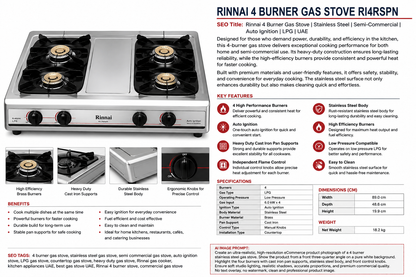Rinnai 4 Burner Gas Stove RI4RSPN | Stainless Steel | Semi-Commercial | Auto Ignition | LPG | UAE