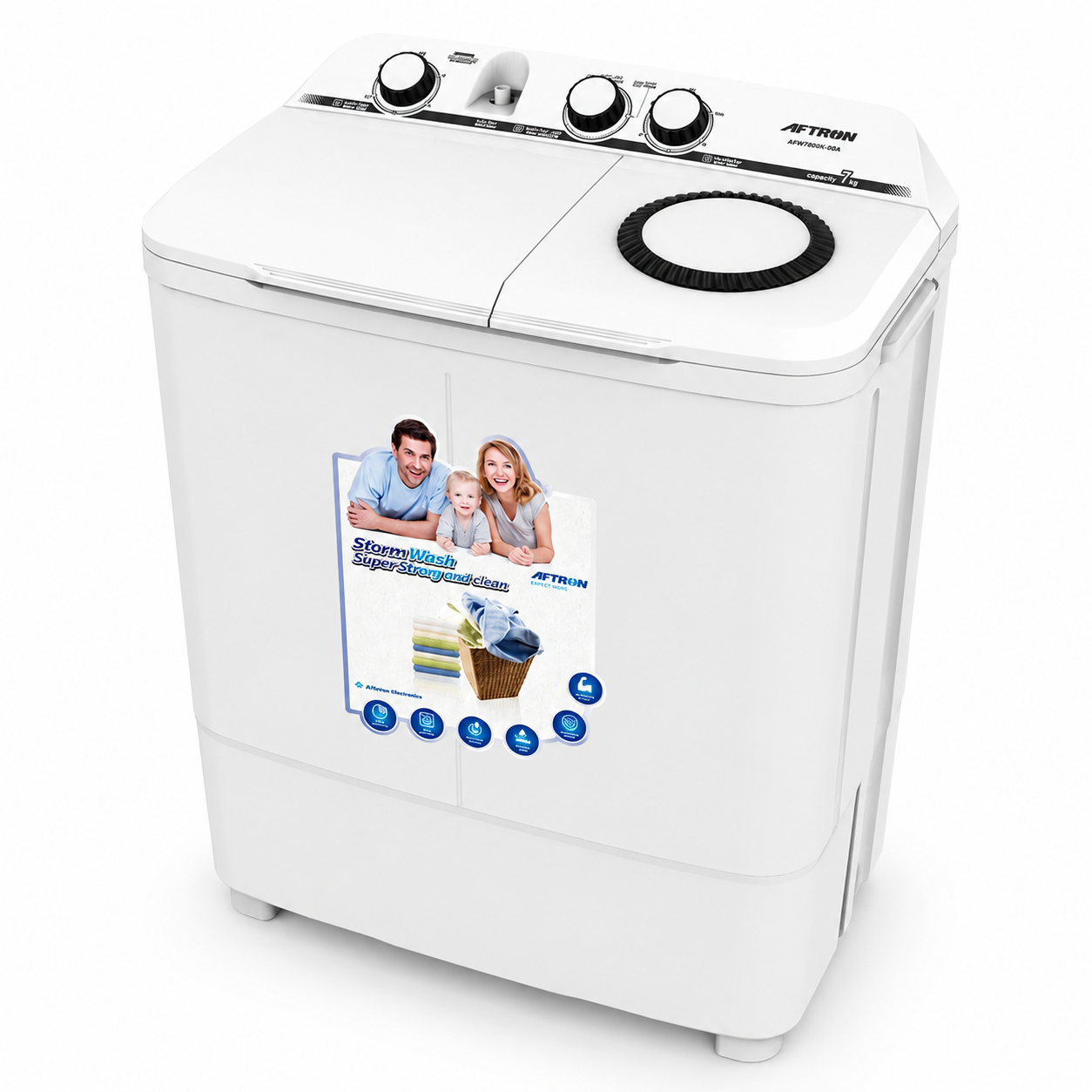 AFTRON Twin Tub Washing Machine 7KG AFW78200K – Semi Automatic | Twin Tub Design | Air Dry Function | Compact Family Size | White