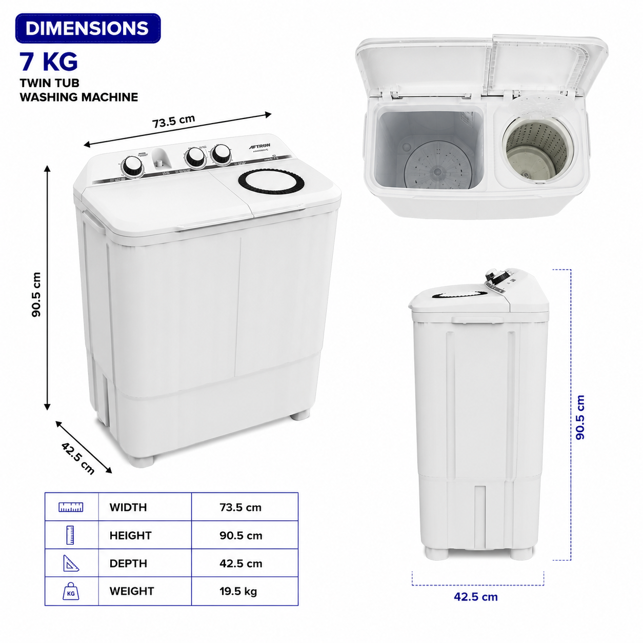 AFTRON Twin Tub Washing Machine 7KG AFW78200K – Semi Automatic | Twin Tub Design | Air Dry Function | Compact Family Size | White