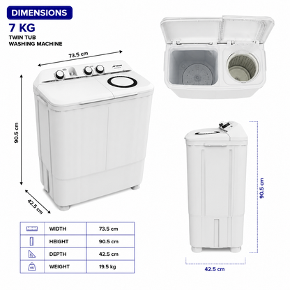 AFTRON Twin Tub Washing Machine 7KG AFW78200K – Semi Automatic | Twin Tub Design | Air Dry Function | Compact Family Size | White