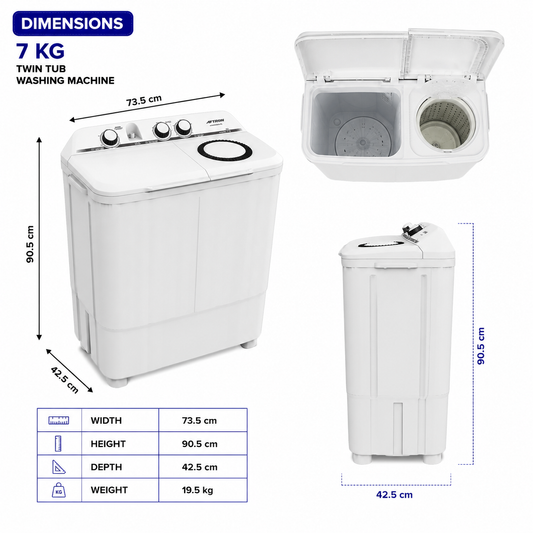 AFTRON Twin Tub Washing Machine 7KG AFW78200K – Semi Automatic | Twin Tub Design | Air Dry Function | Compact Family Size | White