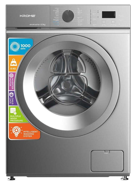 Krome KR-WFL60SS 6KG Front Load Fully Automatic Washing Machine – 1000 RPM LED Display | Titanium Silver