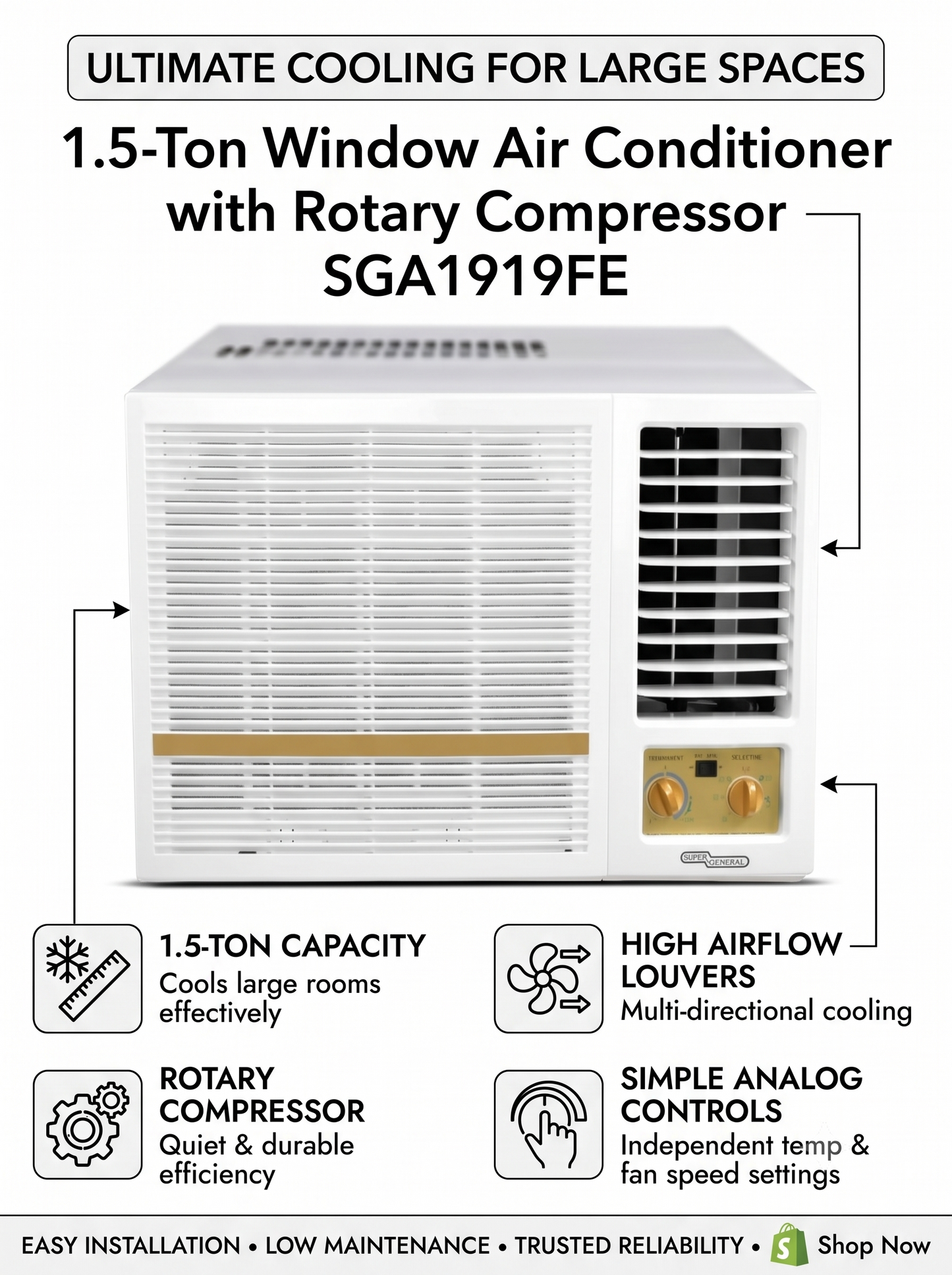 Super General SGA19AE Window Air Conditioner 1.5 Ton – Rotary T3 Window AC