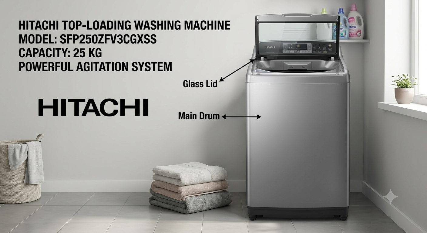 Hitachi SFP250ZFV3CGXSS 25KG Fully Automatic Top Load Washing Machine | Inverter, Dual Jet & Auto Self Clean