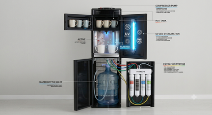 Hitachi HWD-B50000SV UV Bottom Load Water Dispenser | Hot, Cold & Ambient Water | UV Sterilization