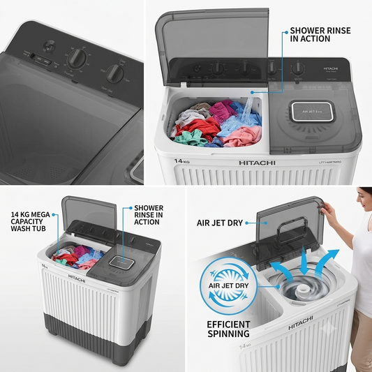 Hitachi LTT14JWTMRG 14KG Twin Tub Washing Machine | Air Jet Dry, Zen Wave Impeller & Shower Rinse