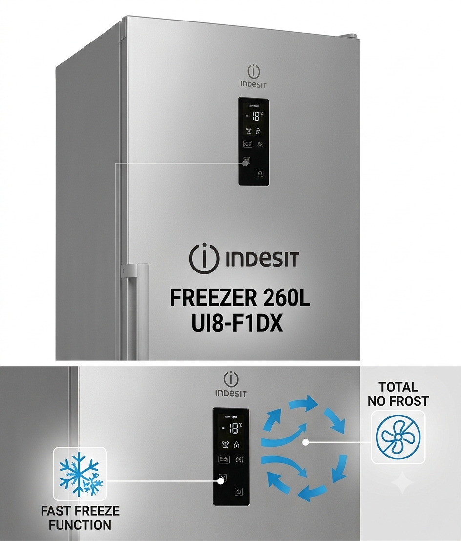 Indesit UI8-F1DX 260L Upright Freezer | No Frost, Fast Freeze, A++ Energy & 7 Drawers