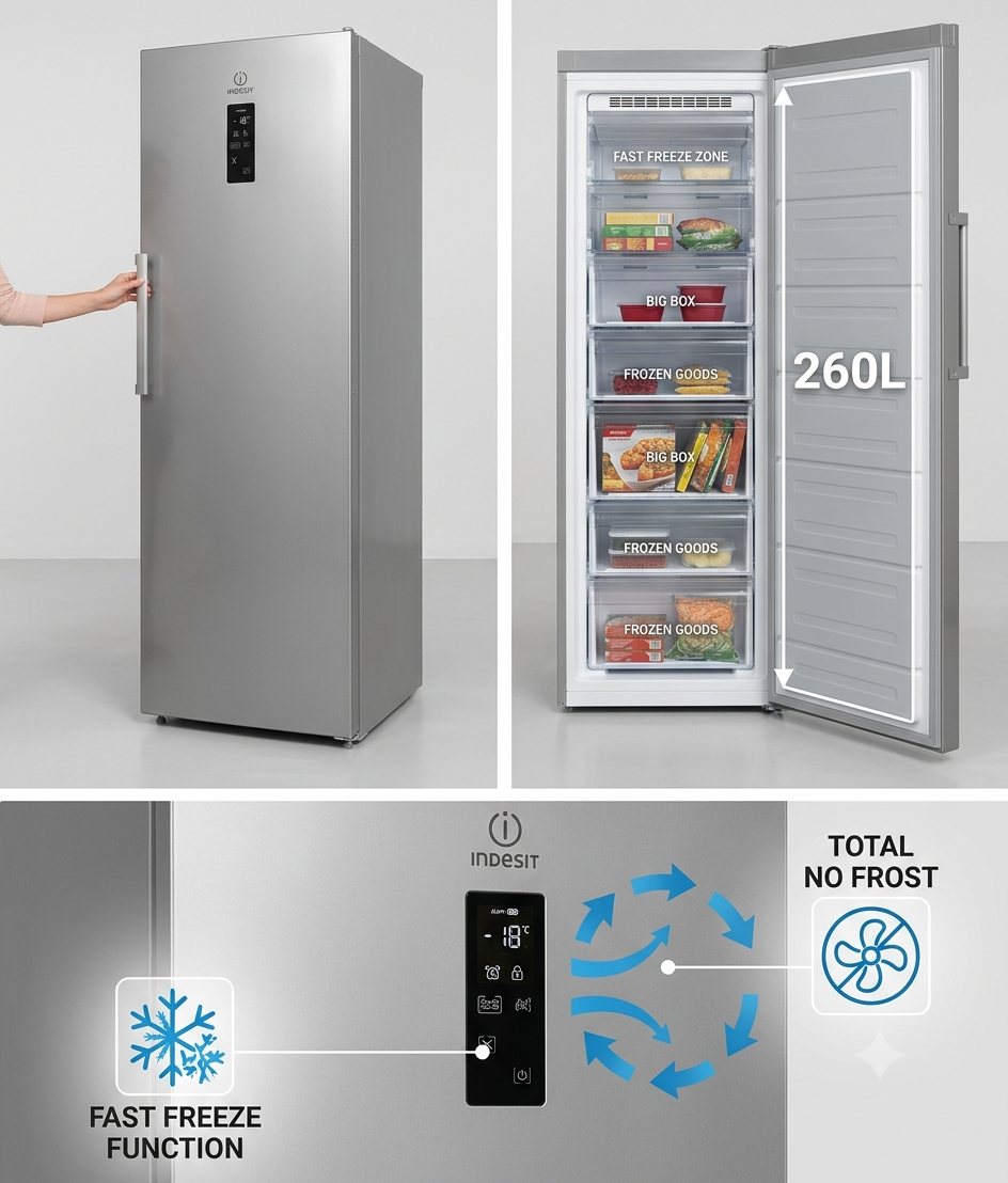 Indesit UI8-F1DX 260L Upright Freezer | No Frost, Fast Freeze, A++ Energy & 7 Drawers