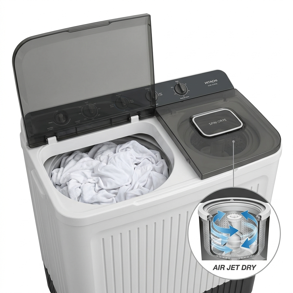 Hitachi LTT16JWTMRG 16KG Twin Tub Washing Machine | Air Jet Dry, Zen Wave Impeller & Dual Lint Filter