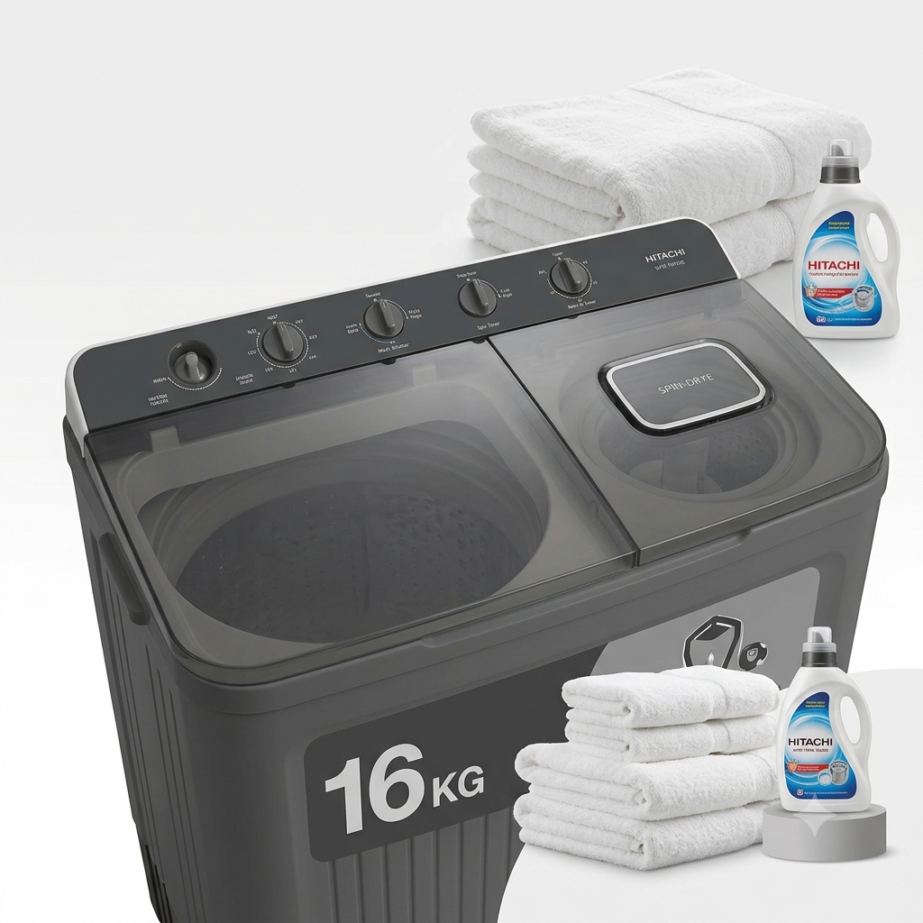 Hitachi LTT16JWTMRG 16KG Twin Tub Washing Machine | Air Jet Dry, Zen Wave Impeller & Dual Lint Filter