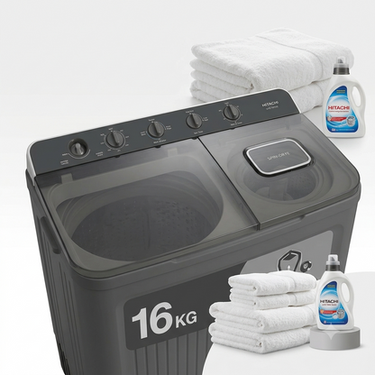 Hitachi LTT16JWTMRG 16KG Twin Tub Washing Machine | Air Jet Dry, Zen Wave Impeller & Dual Lint Filter
