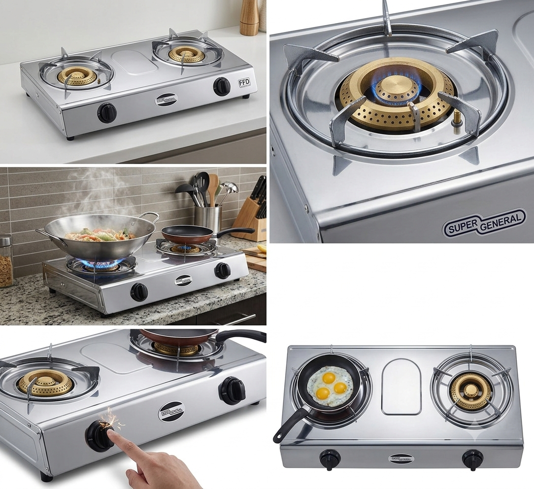SUPER GENERAL 2 Burner Gas Stove SGB212FFD – Auto Ignition Stainless Steel Table Top Cooker