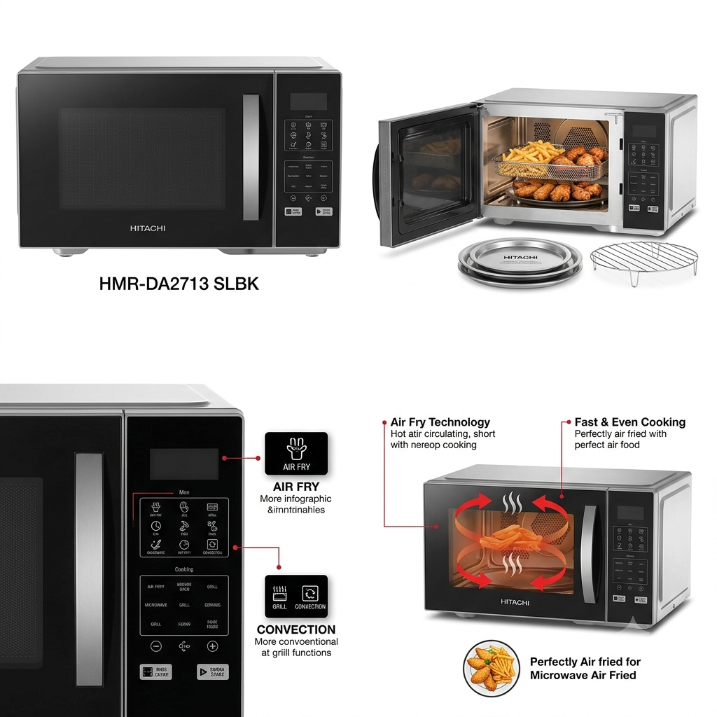 Hitachi HMR-DA2713 SLBK 27L Microwave Oven with Air Fryer | 5-in-1 Cooking, Grill & Bake