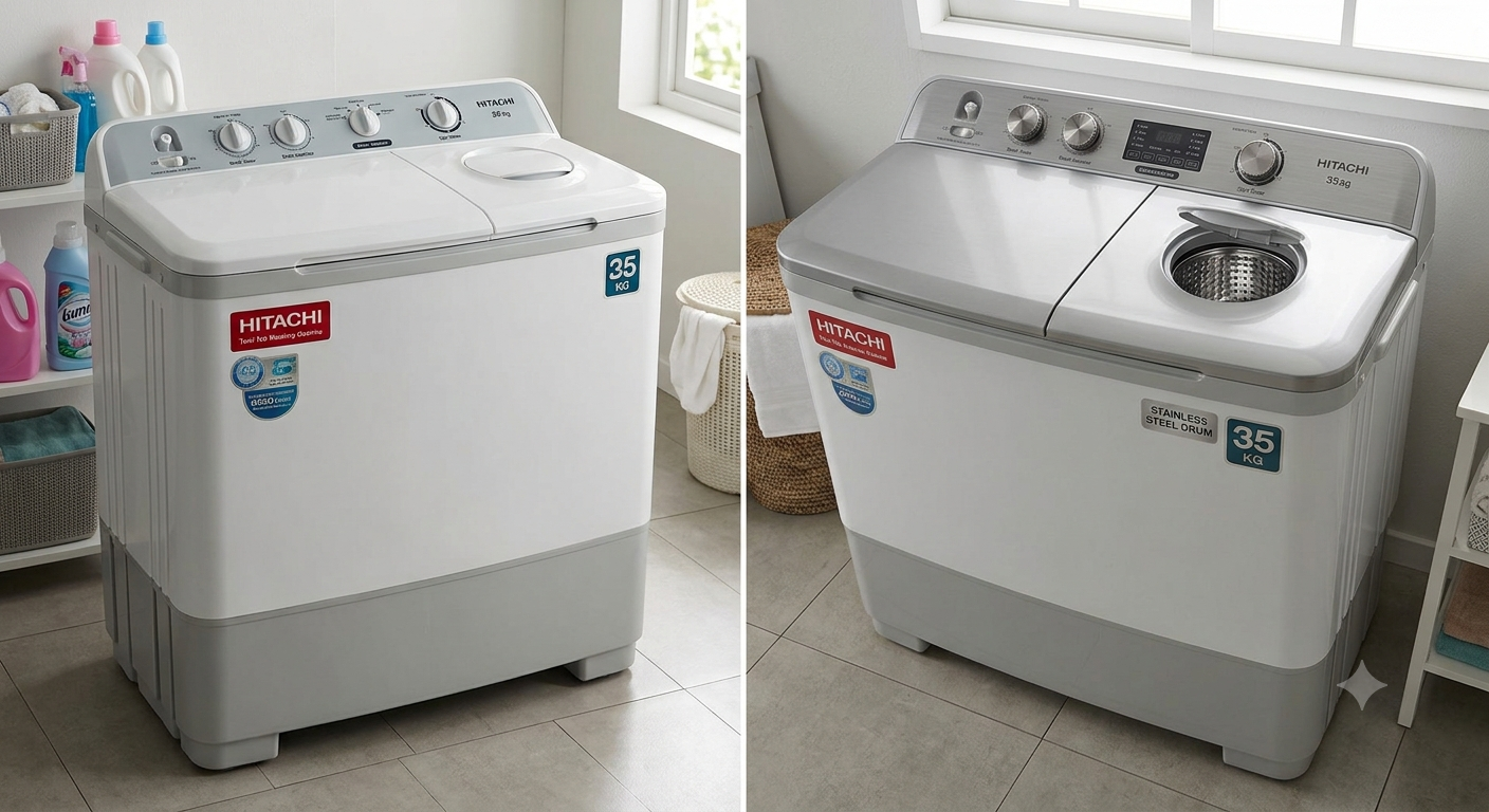 Hitachi 25KG Twin Tub Semi Automatic Washing Machine | Air Jet Dry, Powerful Wash & Heavy Duty Performance