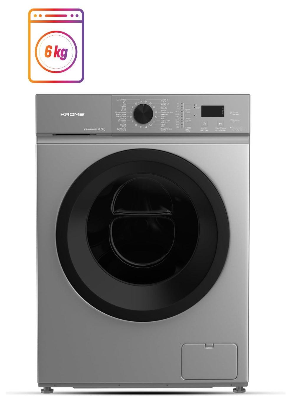 Krome KR-WFL60SS 6KG Front Load Fully Automatic Washing Machine – 1000 RPM LED Display | Titanium Silver