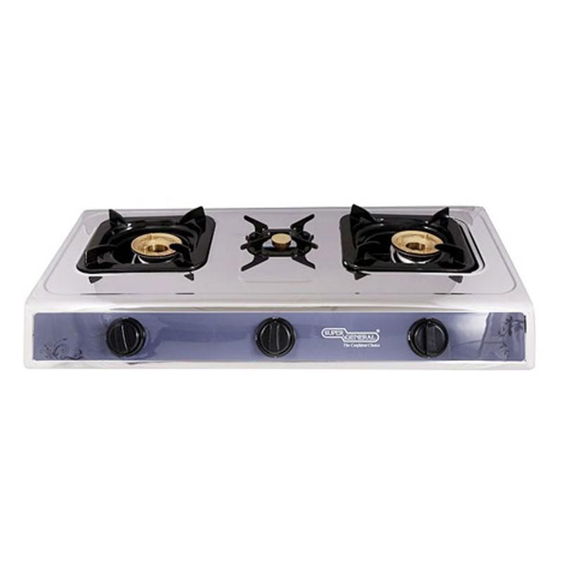 Super General SGB03SS 3 Burner Stainless Steel Table Top Gas Stove – Durable Manual Ignition Cooktop