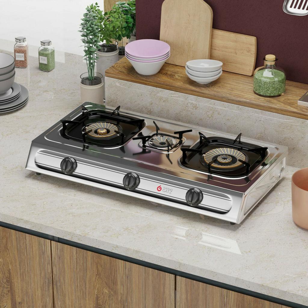 Super General SGB03SS 3 Burner Stainless Steel Table Top Gas Stove – Durable Manual Ignition Cooktop