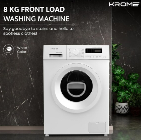 Krome KR-WFL80SI 8KG Front Load Fully Automatic Washing Machine – 1400 RPM BLDC Inverter Motor | White