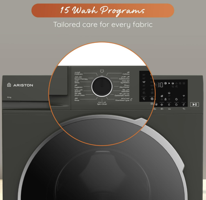 ARISTON ARWF10143DMME 10KG Front Load Washing Machine – 1400 RPM, Steam Therapy, WiFi Connectivity, Manhattan Grey