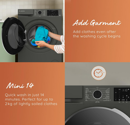 ARISTON ARWF10143DMME 10KG Front Load Washing Machine – 1400 RPM, Steam Therapy, WiFi Connectivity, Manhattan Grey