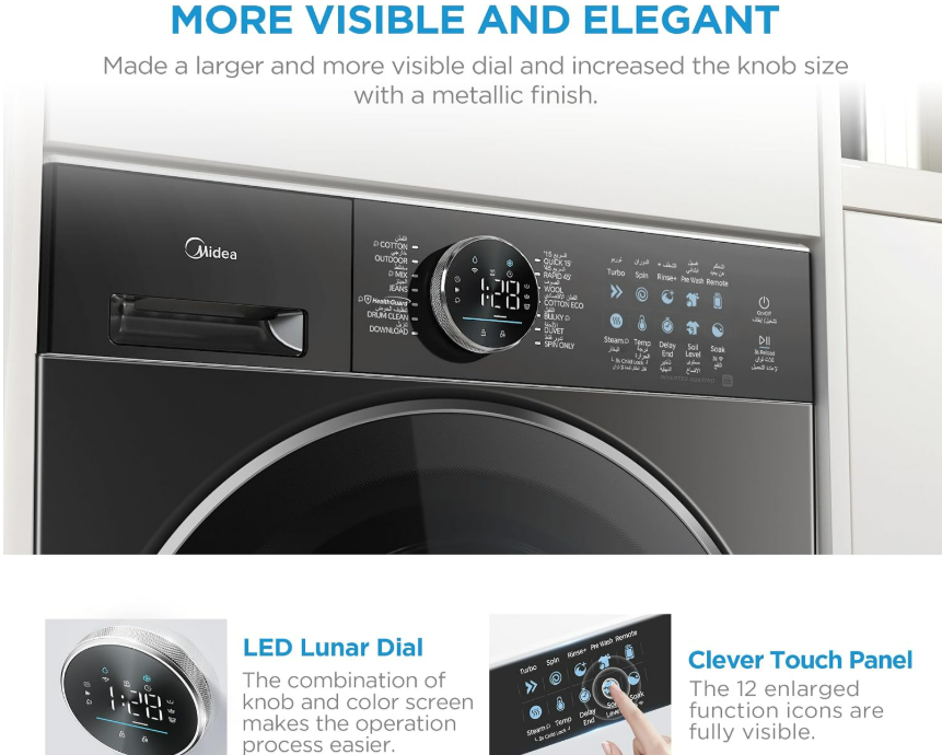 Midea 10kg Front Load Washing Machine MF210W100WB/T-GCC | 1400 RPM | Inverter Motor | Steam | Black | UAE