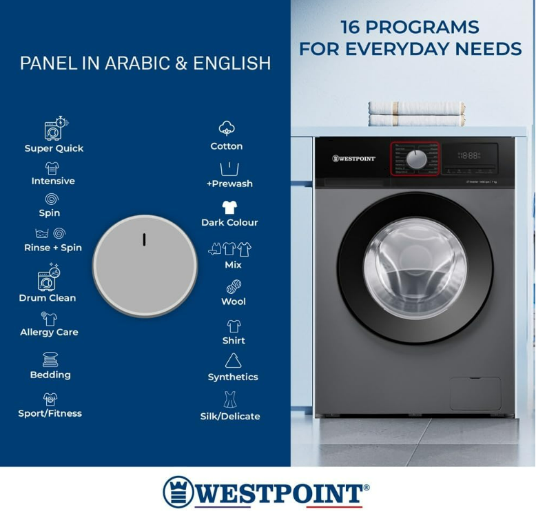 Westpoint WMT-714A25S 7KG Front Load Fully Automatic Washing Machine | 1400 RPM | Inverter Motor | Silver