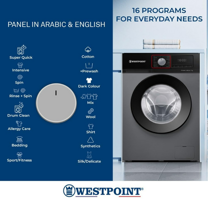 Westpoint WMT-714A25S 7KG Front Load Fully Automatic Washing Machine | 1400 RPM | Inverter Motor | Silver