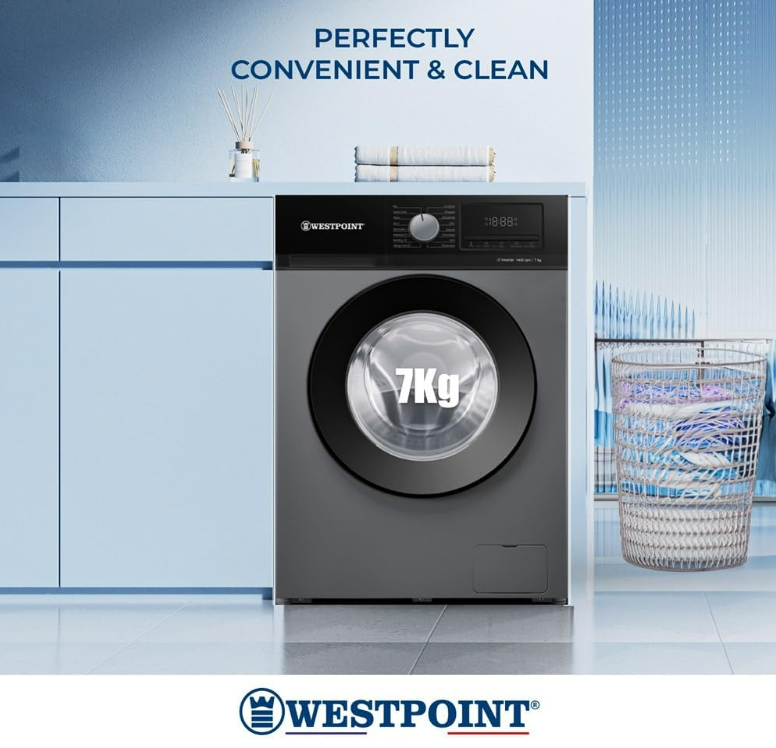 Westpoint WMT-714A25S 7KG Front Load Fully Automatic Washing Machine | 1400 RPM | Inverter Motor | Silver