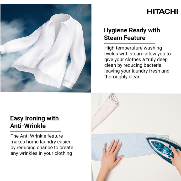 Hitachi BD-802HVOS 8KG Front Load Washing Machine | Inverter Motor, Steam Hygiene & 1400 RPM