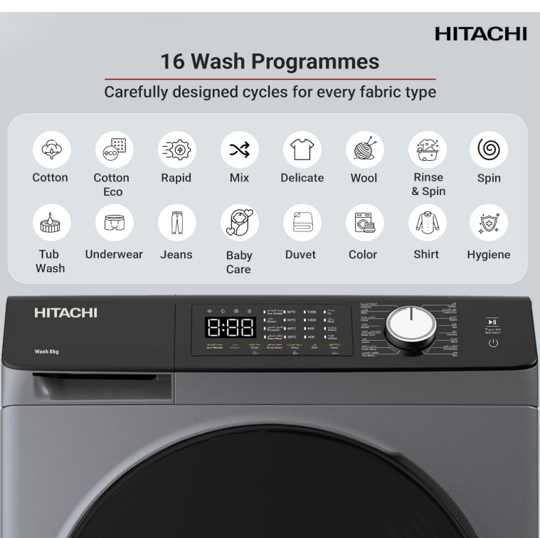 Hitachi BD-802HVOS 8KG Front Load Washing Machine | Inverter Motor, Steam Hygiene & 1400 RPM