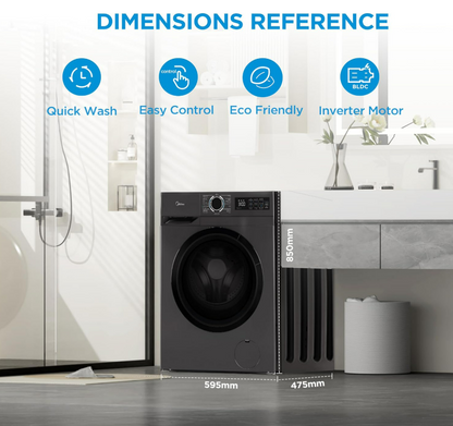 Midea 8kg Front Load Washing Machine MF110W80B/T-GCC | 1400 RPM | BLDC Inverter | Steam Sanitization | UAE