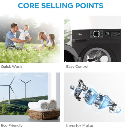 Midea 8kg Front Load Washing Machine MF110W80B/T-GCC | 1400 RPM | BLDC Inverter | Steam Sanitization | UAE