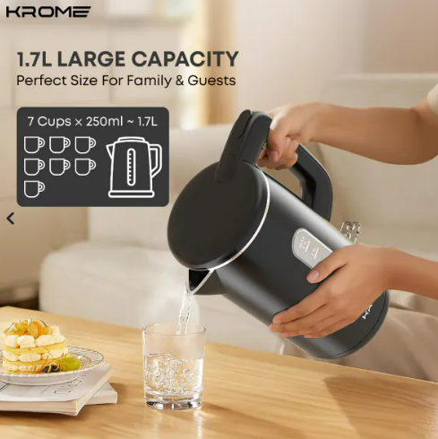 KROME Double Layer Electric Kettle 1.7L KR-KTCT300PD – Cool Touch Stainless Steel Kettle with Auto Shut-Off