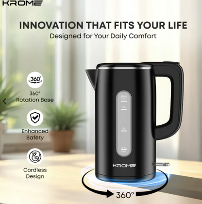 KROME Double Layer Electric Kettle 1.7L KR-KTCT300PD – Cool Touch Stainless Steel Kettle with Auto Shut-Off