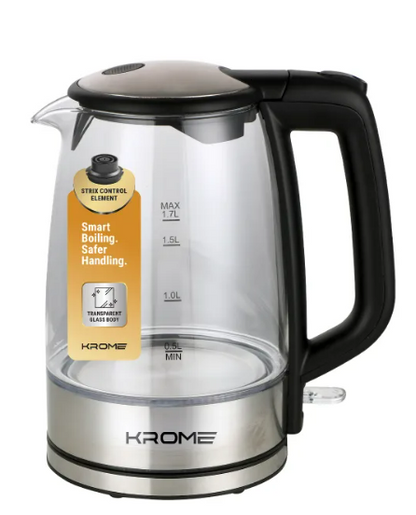 KROME Glass Body Electric Kettle 1.7L KR-KTG110PD – Fast Boil Electric Kettle with STRIX Control & Auto Shut-Off