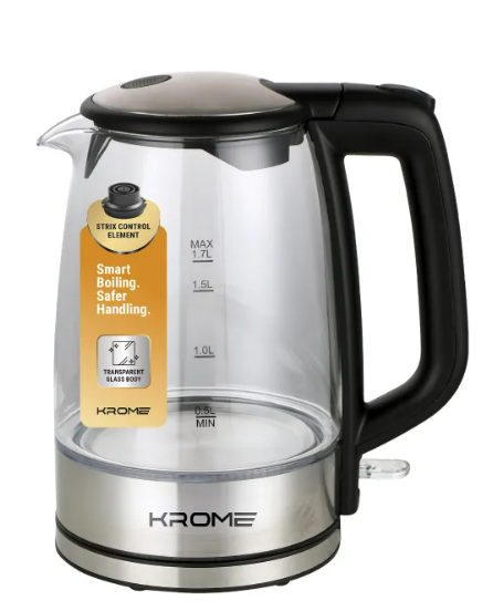 KROME Glass Body Electric Kettle 1.7L KR-KTG110PD – Fast Boil Electric Kettle with STRIX Control & Auto Shut-Off