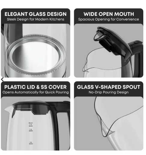 KROME Glass Body Electric Kettle 1.7L KR-KTG110PD – Fast Boil Electric Kettle with STRIX Control & Auto Shut-Off