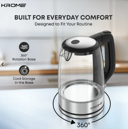 KROME Glass Body Electric Kettle 1.7L KR-KTG110PD – Fast Boil Electric Kettle with STRIX Control & Auto Shut-Off