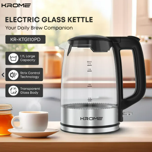 KROME Glass Body Electric Kettle 1.7L KR-KTG110PD – Fast Boil Electric Kettle with STRIX Control & Auto Shut-Off