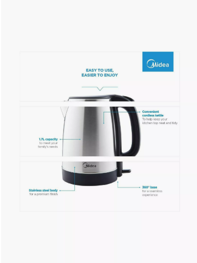 Midea 1.7L Stainless Steel Electric Kettle 2200W MK17S32A2 | Fast Boil | Cordless | UAE